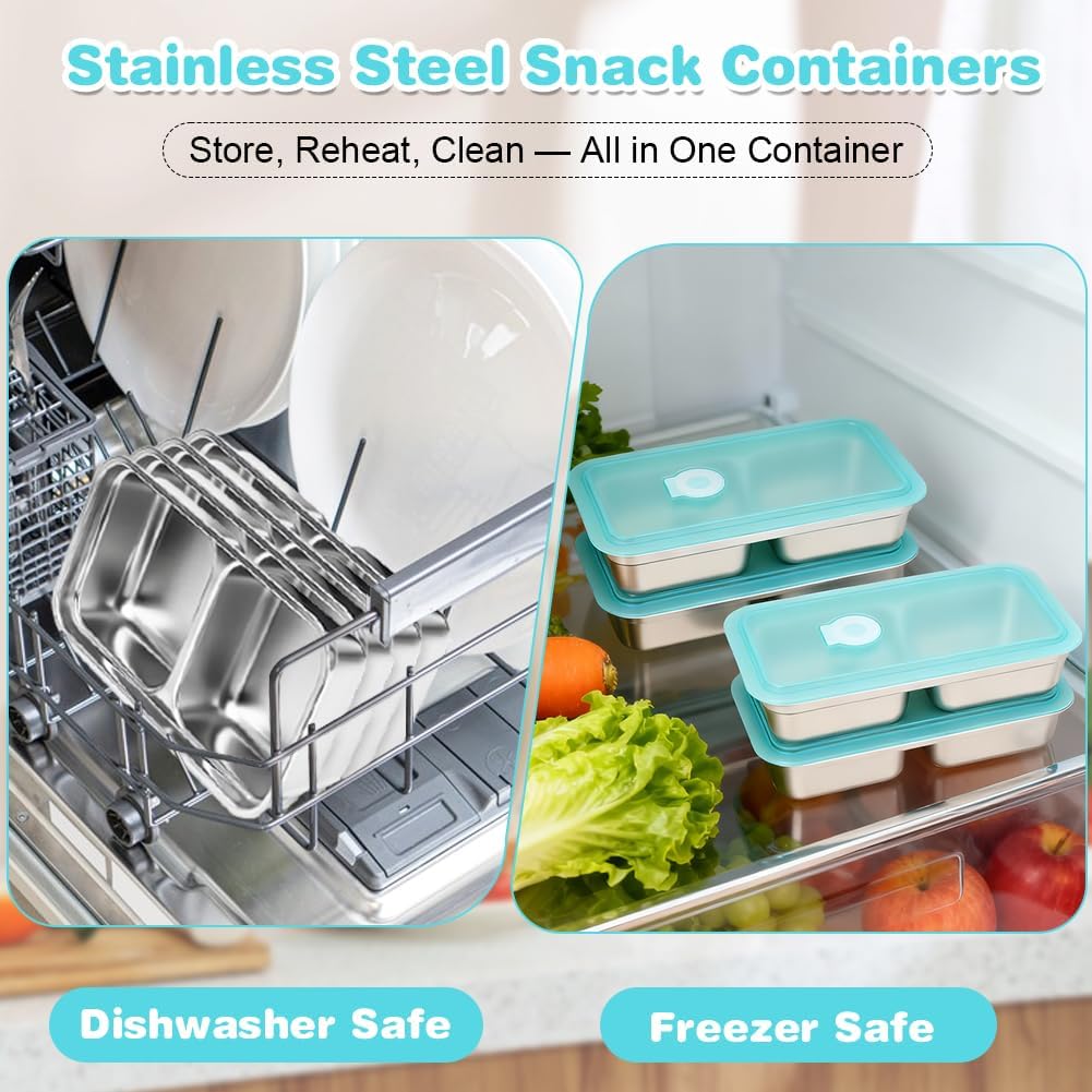 YQL 4 Pack Stainless Steel Snack Containers with Lids, Double Compartment Food Storage Boxes for Lunch Prep, Reusable Leakproof Bento Snack Boxes for Travel, Office, Camping