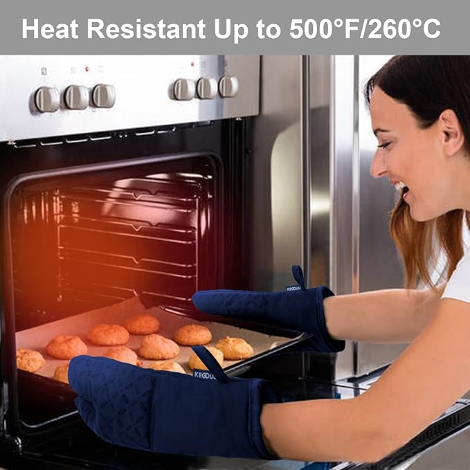 KEGOUU Oven Mitts and Pot Holders 6pcs Set, Kitchen Oven Glove High Heat Resistant 500 Degree Extra Long Oven Mitts and Potholder with Non-Slip Silicone Surface for Cooking(Marine Blue)