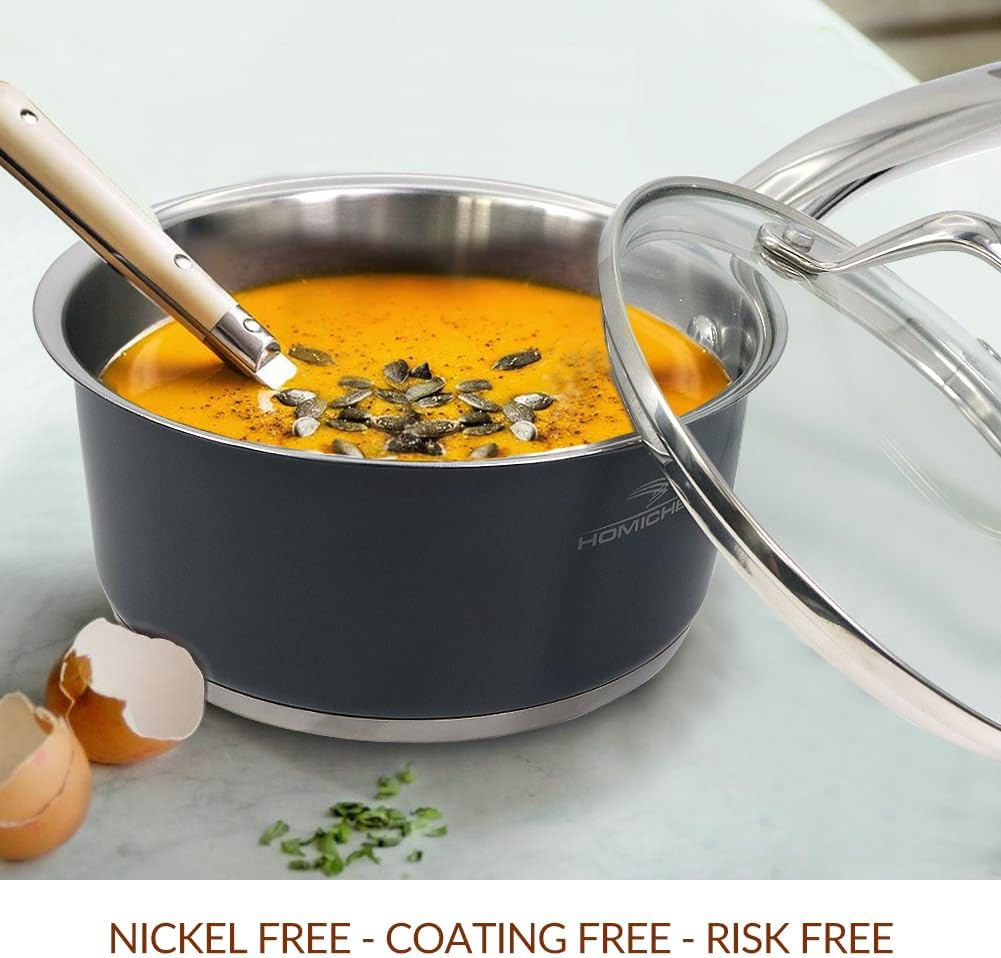 HOMICHEF 1 QT Nickel Free Stainless Steel Saucepan Coating Free - Navy Gray Healthy Non Toxic Small Pot Induction - Stainless Steel Saucepan with Glass Lid