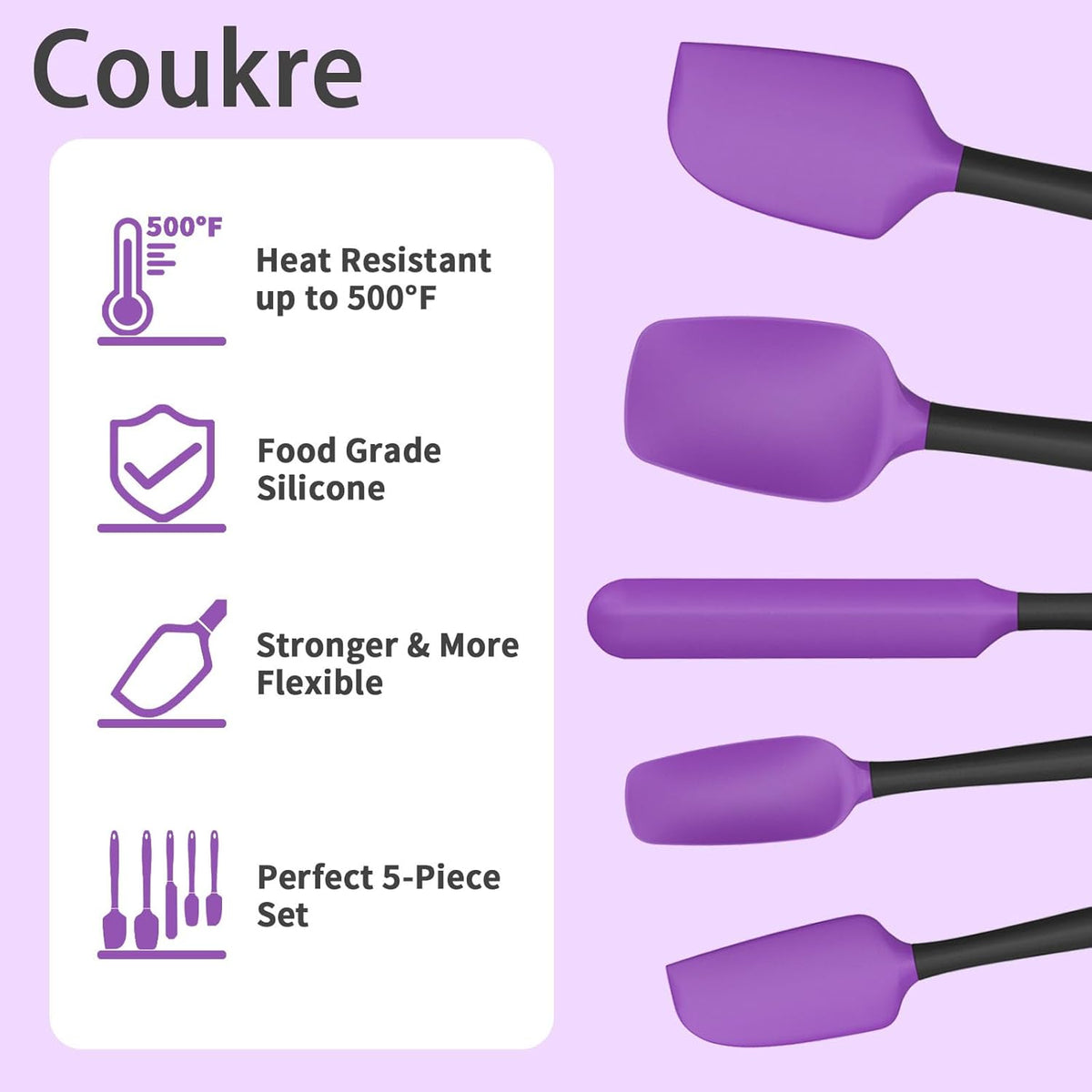 Coukre Silicone Spatula Set of 5,High Temperature Resistant, Food Grade Silicone, Dishwasher Safe, for Baking, Cooking (Purple)