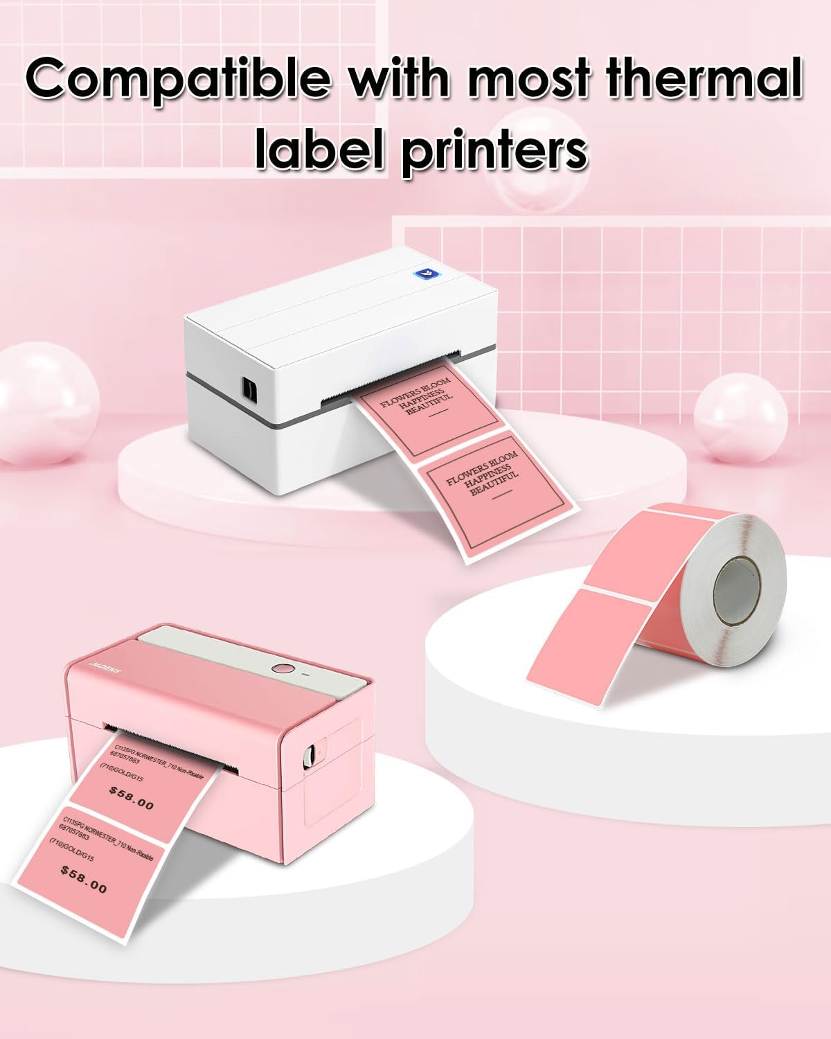 iEager Pink Square Thermal Label Stickers, 2"x2" Self-Adhesive Square Direct Thermal Labels with Perforation Line, 500 Sheets/Roll