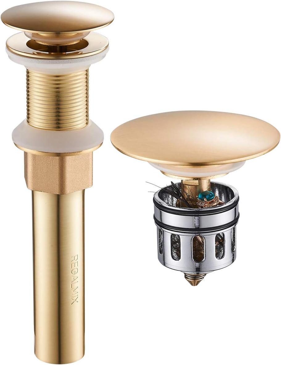 Brushed Brass Pop Up Sink Drain Without Overflow, Bathroom Faucet Vessel Sink Drain Stopper,Anti-Explosion and Anti-Clogging Drain Strainer, RWF082L…