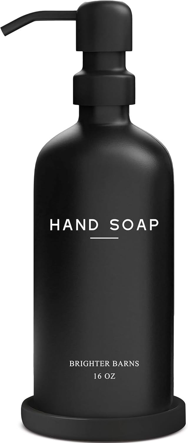 Black Glass Hand Soap Dispenser Bathroom Set by Brighter Barns - Bathroom Soap Dispenser Set with Tray and Stainless Steel Pump - Modern Decor for Kitchen, Hotel, Vacation Rental, Restaurants (Black)