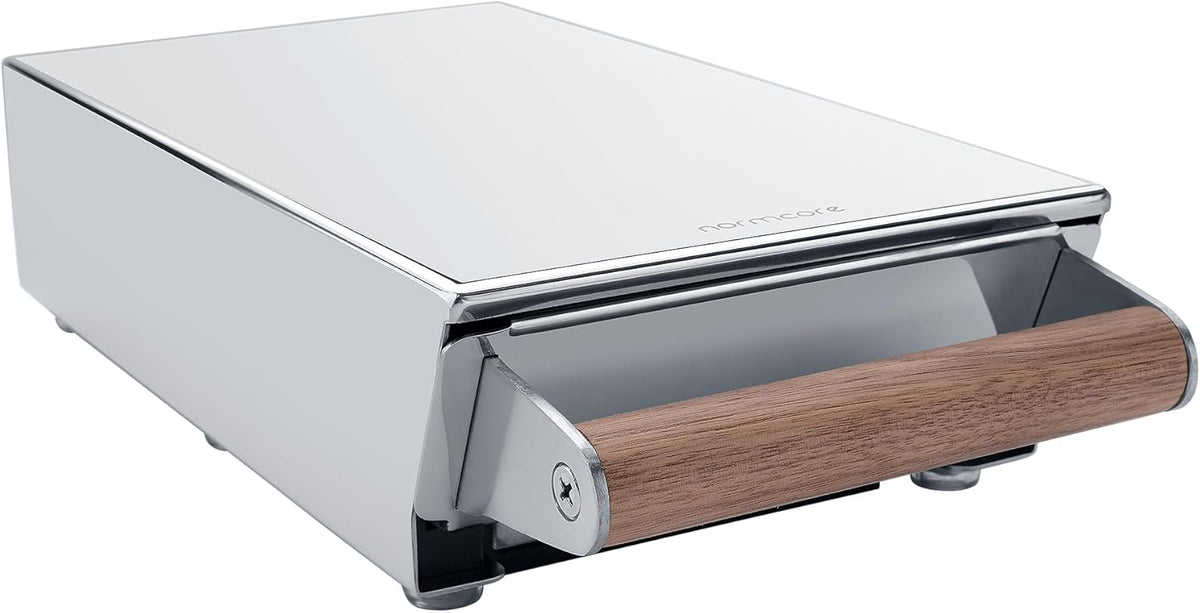 Normcore Espresso Knocker Drawer, Coffee Knock Box with Shock Absorbing Removable Knock Bar and Non-Slip Base, Mirror Finish, 304 Stainless Steel With Walnut Wood Hand, Size: S