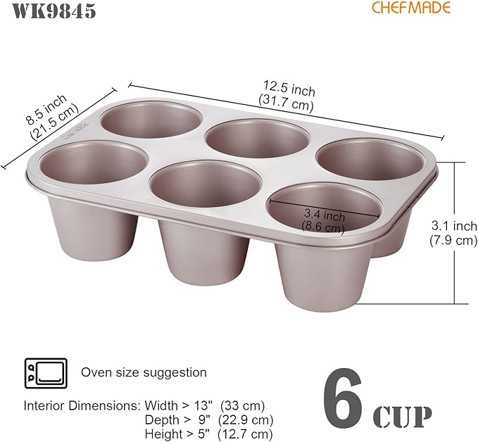 CHEFMADE Muffin Cake Pan, 6-Cavity Non-Stick Jumbo Cupcake Pan Bakeware for Oven Baking (Champagne Gold)