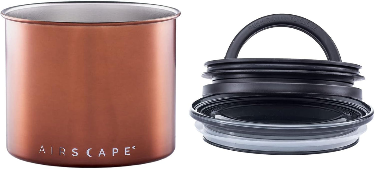 Planetary Design Airscape Stainless Steel Coffee Canister | Food Storage Container | US Patented Airtight Lid | Push Out Excess Air Preserve Food Freshness (Small, Brushed Copper)