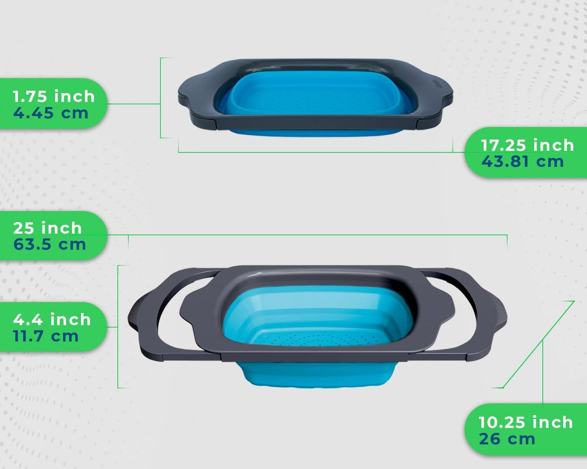 XL Large Kitchen Strainer by Comfify - Collapsible Silicone Over - The-Sink Colander with Extendable Handles - Use with Pasta, Fruit, Berries & Veggie - 6 Quart - Blue