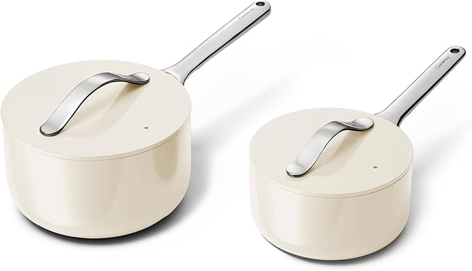 Caraway Nonstick Ceramic Sauce Pans with Lids (3 qt & 1.75 qt) - Non Toxic, PTFE & PFOA Free - Oven Safe & Compatible with All Stovetops (Gas, Electric & Induction) - Cream