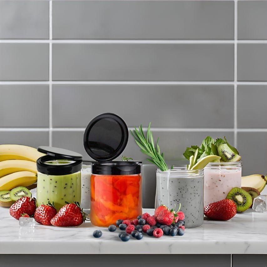 Jarming Collections Mason Jars - 16 oz Glass Extra Wide Mouth Pint Storage Jars with Black Flip Lids - Made in USA
