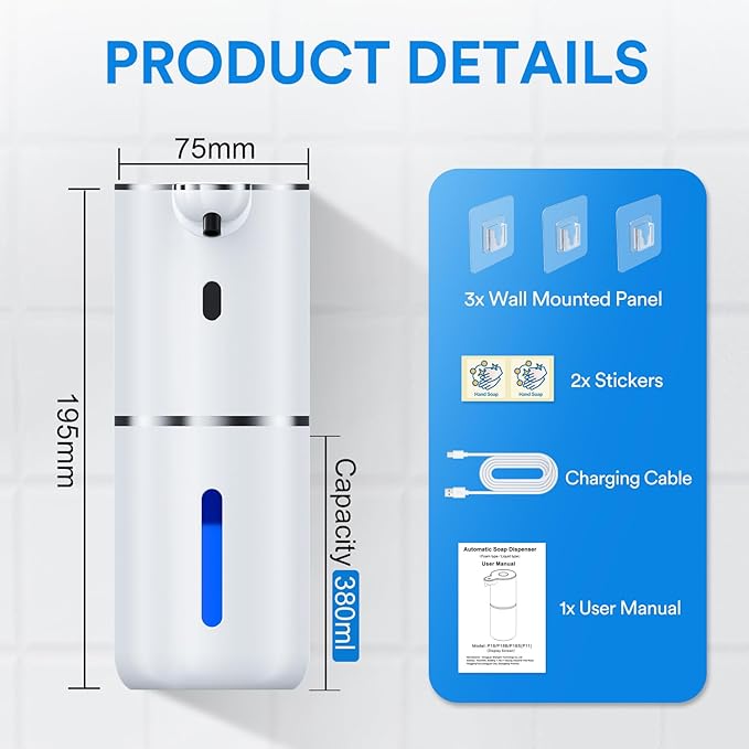 Automatic Soap Dispenser with Smart Digital Display, Touchless Rechargeable Hand & Dish Liquid Soap Dispenser for Kitchen & Bathroom - 6 Adjustable Level, Wall Mounted, 380ml IPX5 Waterproof