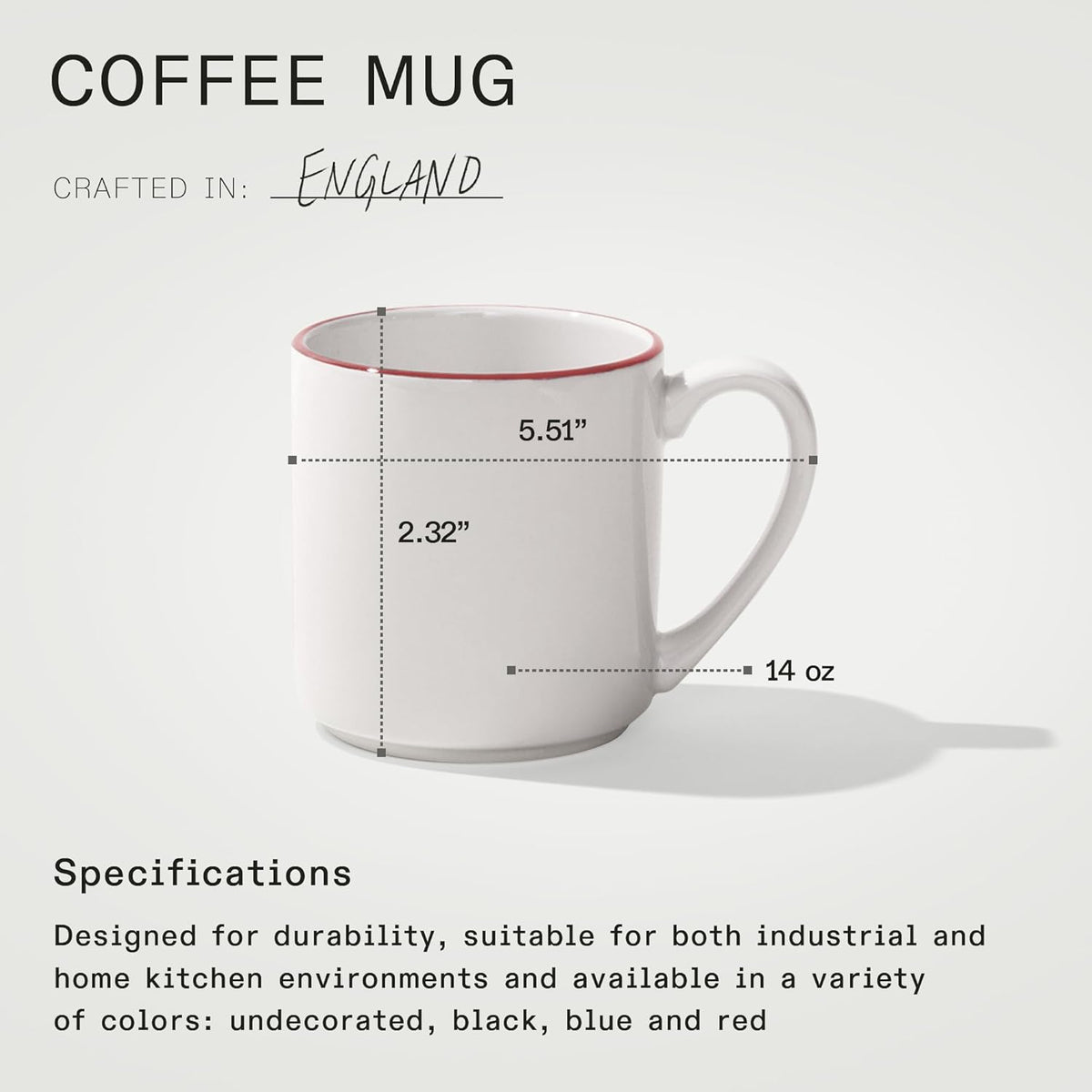 Made In Cookware - Set of 4 - Coffee Mug Set - 12 oz - White With Red Rim - Porcelain England - Dishwasher and Microwave Safe