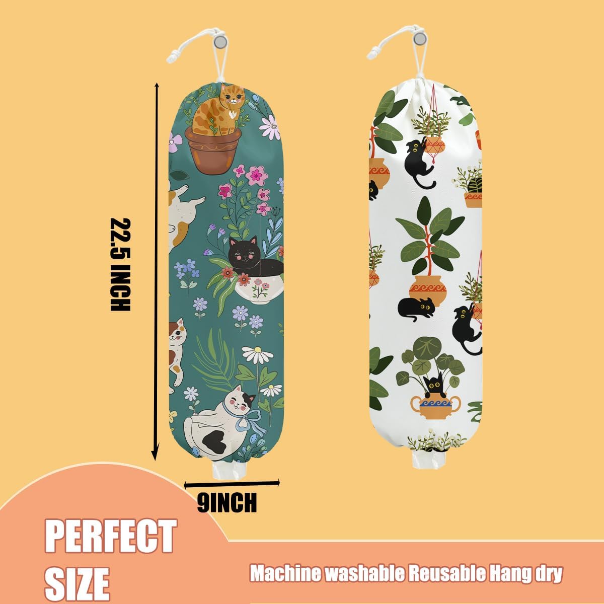 2 Pcs Cute Cat Plastic Bag Holder, Floral Plastic Storage bag Holders for Grocery Bags, Washable Large Grocery Bags Storage Dispenser for Home Kitchen Pantry Decor, Cat Lover Gifts for Women