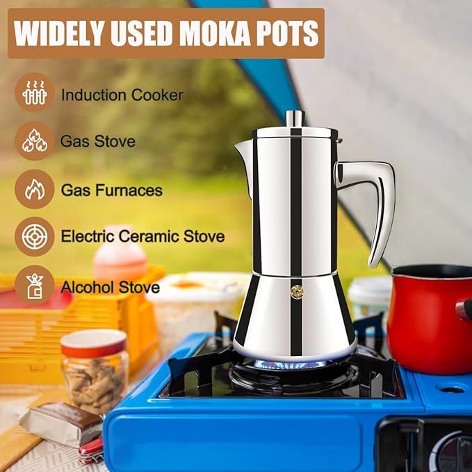 4 Cup Thickened 304 Stainless Steel Moka Pot Stovetop Espresso Maker Cafeteras Italian Percolator Espress Makers Capable Greca Mocha Coffee Machine for Induction Home and Camping 200ml 6.6oz