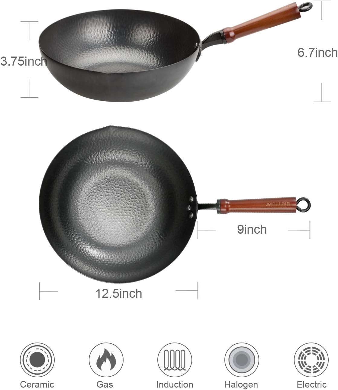 Wok Pan 12.5", Woks and Stir Fry Pans with lid, Carbon Steel Wok with Cookware Accessories, Flat Bottom Suits for all Stoves
