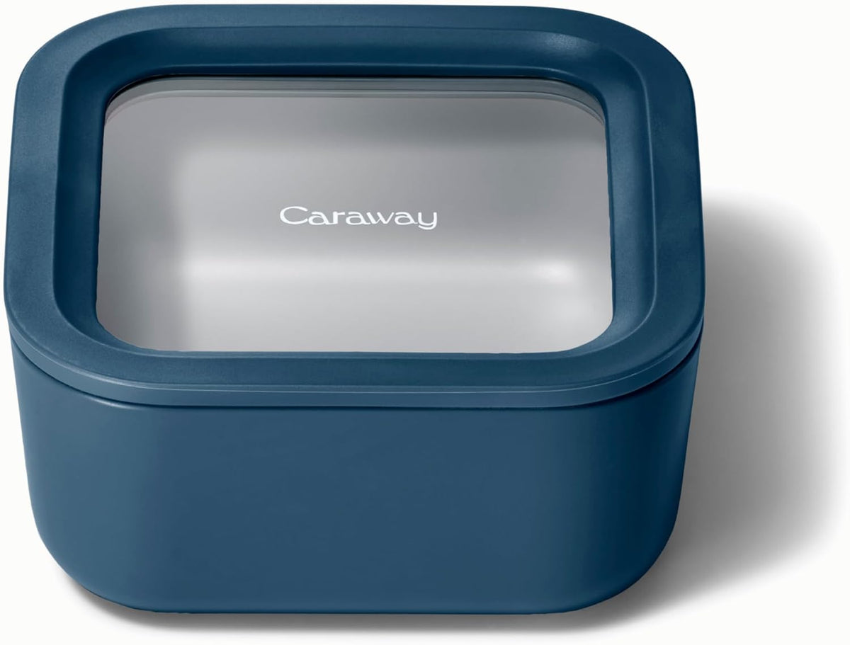 Caraway Glass Food Storage - 4.4 Cup Glass Container - Ceramic Coated Food Container - Non Toxic, Non Stick Lunch Box Container with Lids - Dishwasher, Oven, & Microwave Safe - Navy