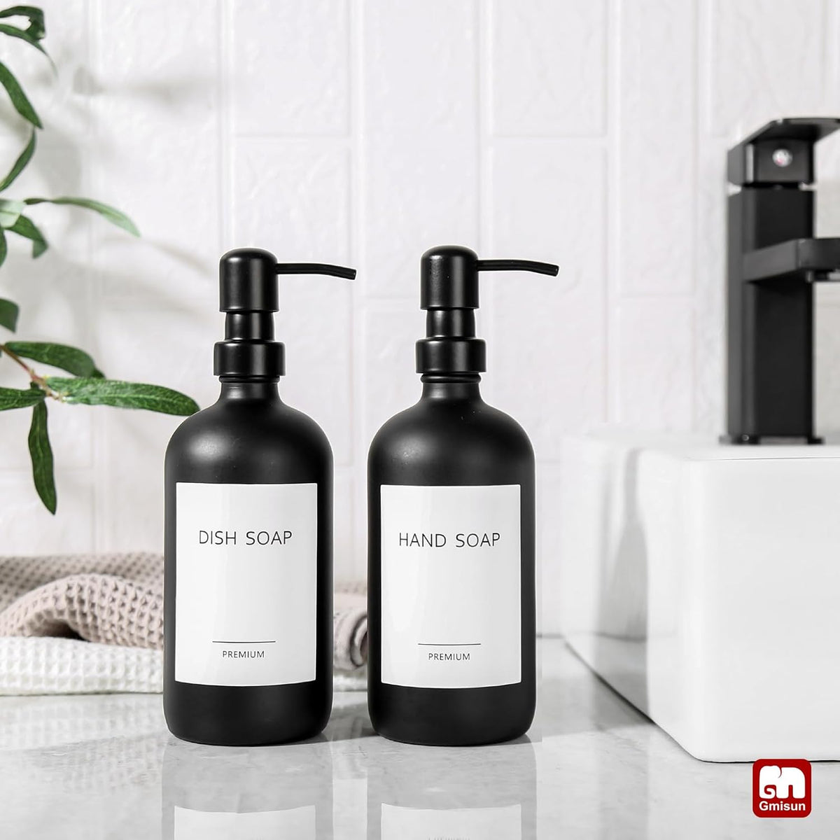 GMISUN Black Soap Dispenser, 2 Pack Matte Black Hand Soap Dispensers for Bathroom, 17 Fl Oz Glass Dish Soap Dispensers for Kitchen with Stainless Steel Pump, Modern Liquid Soap Bottle