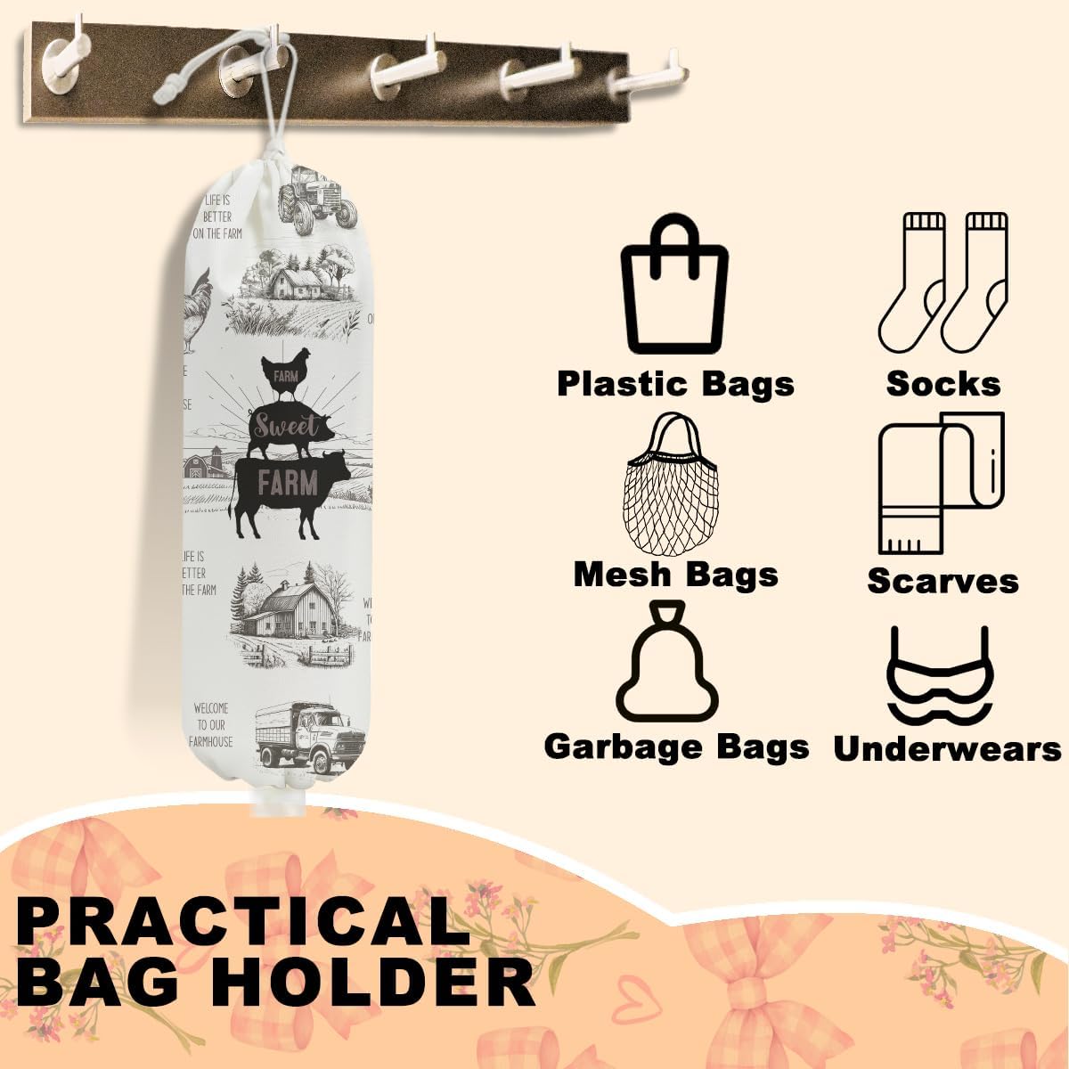 Rustic Sweet Farm Plastic Bag Holder for Kitchen Essentials, Wall Mount Grocery Bag Holder for Plastic Bags, Cow Pig Chicken Reusable Grocery Bags Storage Dispenser for Home Kitchen Farmhouse