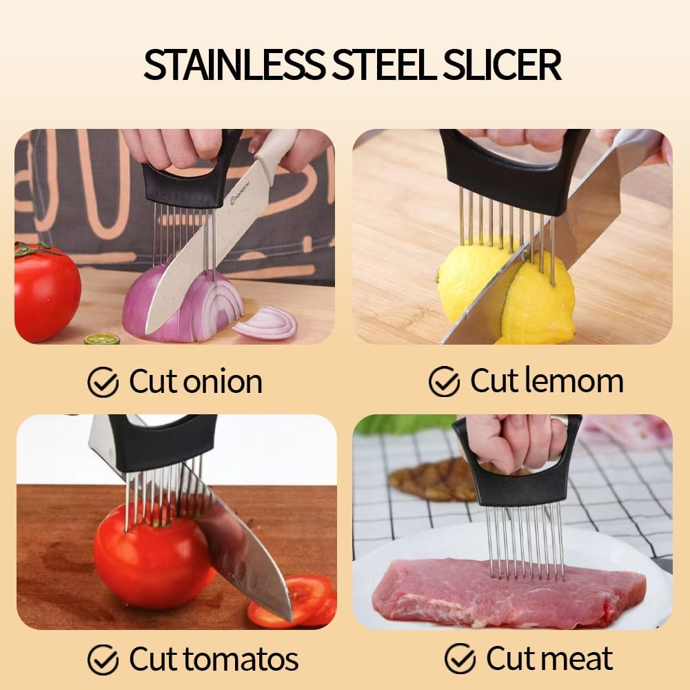 Onion Holder for Slicing, Stainless Steel Onion Slicer and Chopper, Lemon Slicer Vegetable Cutter Kitchen Tool, Food Slicing Assistant for Meat, Tomato, Potato, Lemon (1 Pack)