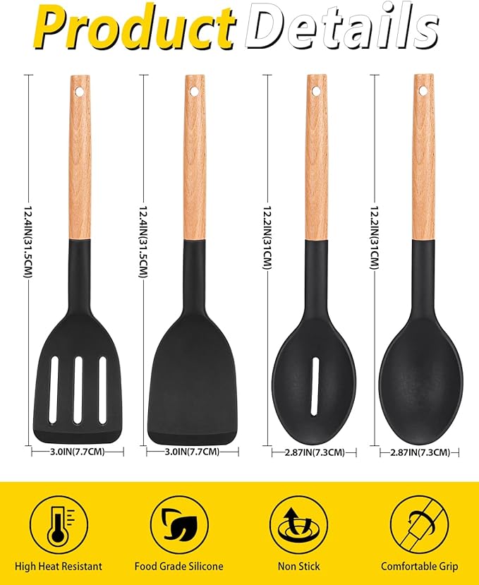 Pack of 4 Silicone Cooking Utensils Set, Non Stick Solid Spatulas and Heat Resistant Slotted Spoons with Wooden Handle, Ideal Wood Kitchen Utensils Set for Frying,Serving,Turning,Stirring (BLACK)
