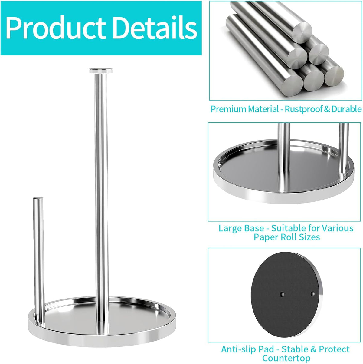 Paper Towel Holder Countertop, Standing Paper Roll Holder with Anti Slip Weighted Base, Stainless Steel Freestanding Paper Towel Holder for Kitchen, Chrome