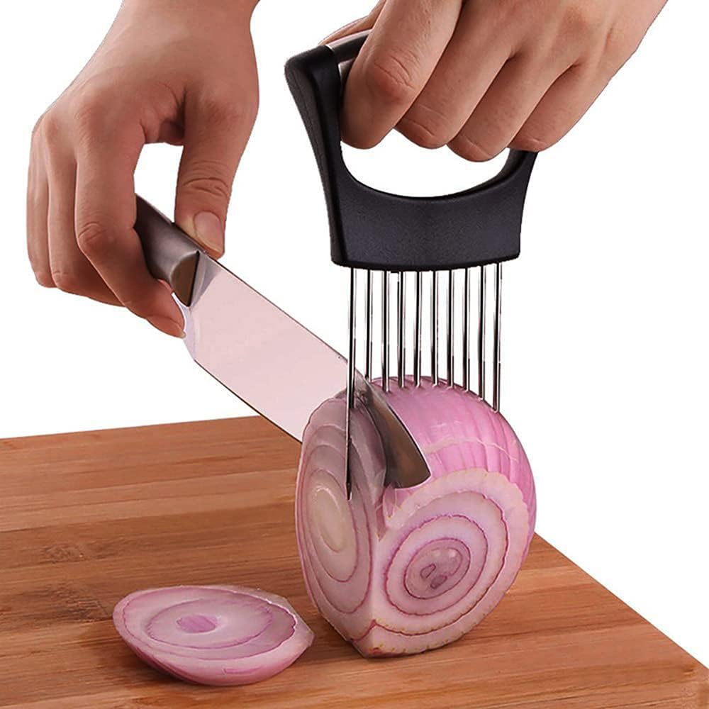 Onion Cut Tomato Slicer Lemon Handy Kitchen Slicing Tool With 10 Even Prongs For Onion Lemon Potato Tomato Slices And Can Be Used To Assist In Cutting Fish, Meat Or Loosen Meat (Black)