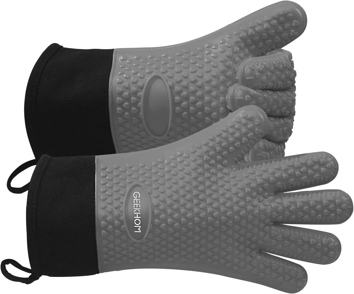 GEEKHOM BBQ Gloves Heat Resistant Oven Mitts - Silicone Grilling Gloves with 13.7" Arm Protection - Waterproof Pot Holder Non-Slip for Men & Women, Kitchen Outdoor Cooking, Baking, Camping, Light Gray
