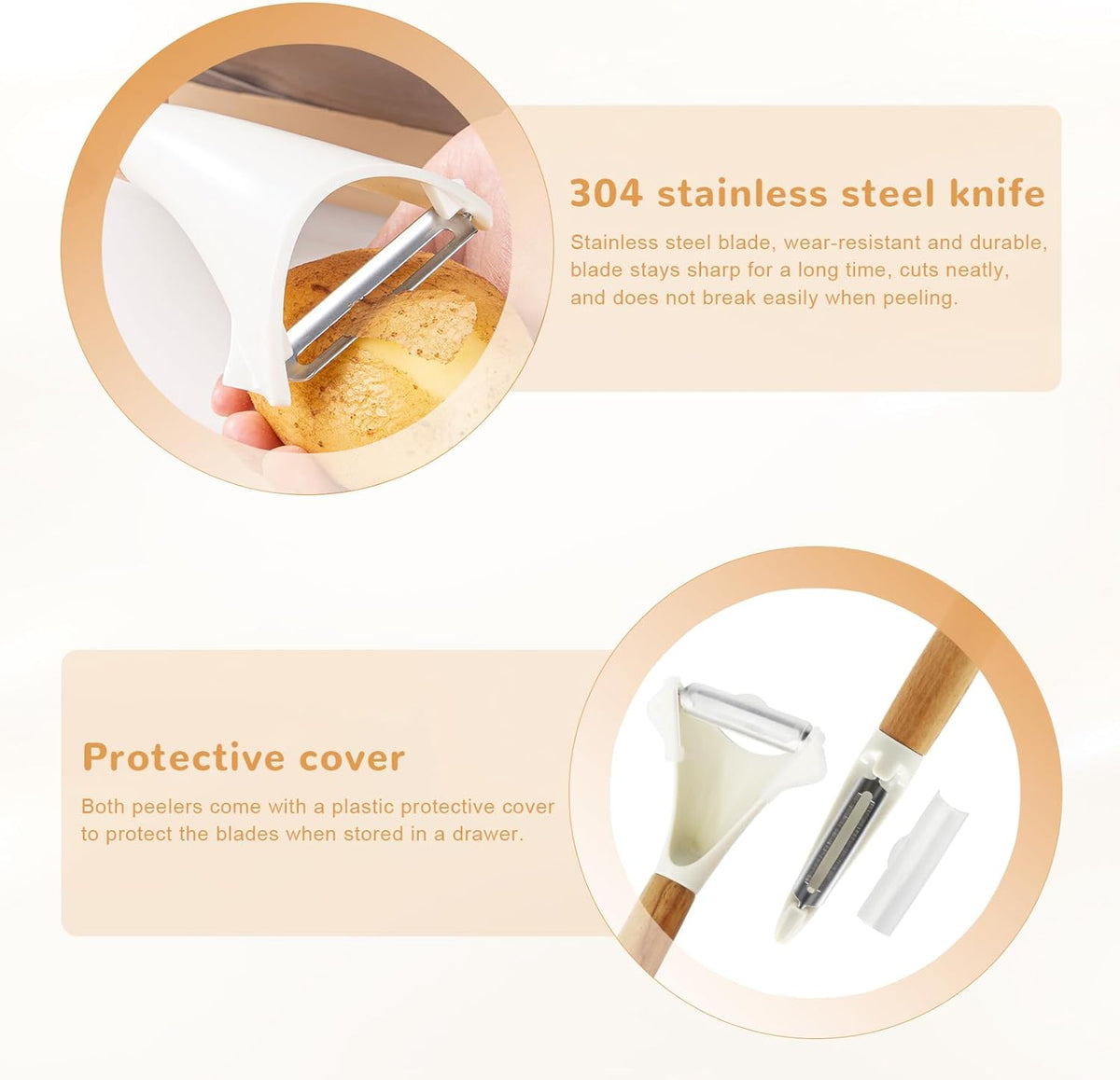 Potato Peelers Set of 2, Stainless Steel Vegetable Peeler with Non-Slip Wood Handles, Y & I Shape Kitchen Peelers for Carrot, Apple, Potato - Dishwasher Safe