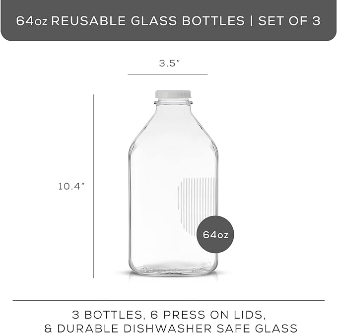 JoyJolt Glass Milk Bottles with Lids and Pourer – 64 Oz, 3 Pack Airtight Heavy Duty Reusable Glass Bottles, Leakproof, BPA-Free, Food Grade, Dishwasher Safe Jug, Pitcher for Milk, Juice, and Water