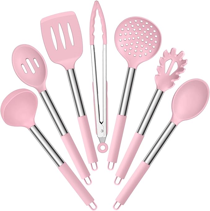 E-far Silicone Cooking Utensils Set, 7 Pcs Heat Resistant Kitchen Utensils with Stainless Steel Handle, Slotted Turner, Spoon, Soup Ladle, Pasta Server, Skimmer, Tongs for Nonstick Cookware, Pink
