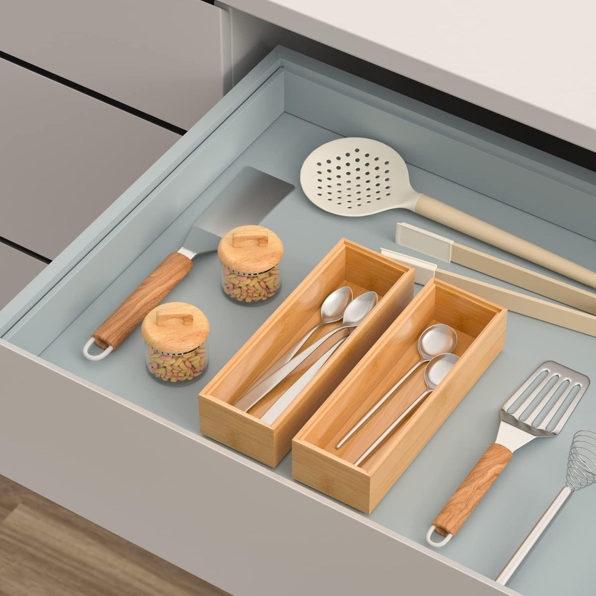 Silverware Tray for Drawer, Stackable Kitchen Bamboo Drawer Organizer 9" x 3" x 2" Set of 2