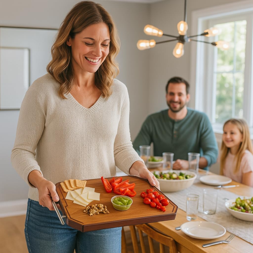 2-in-1 Wooden Cutting Board – 17.7"x11.8", Ebony & Stainless Steel – Double-Sided | Juice Groove | Handle for Hanging | Meat, Cheese, Veggies | BPA-Free & Dishwasher Safe