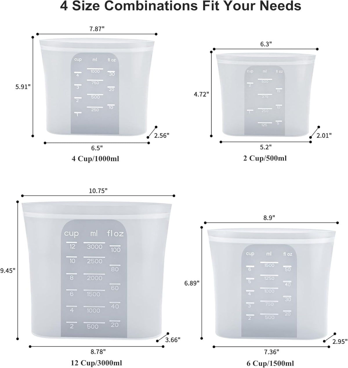 Bangp Premium Silicone Reusable Food Storage Bags,4 Pack(100oz, 50oz, 30oz,15oz),New Generation Stand Up Zip Freezer Bags,Sandwich Snack Bags,Multi-Use Food Storage Containers,Leak-free,Microwave Safe