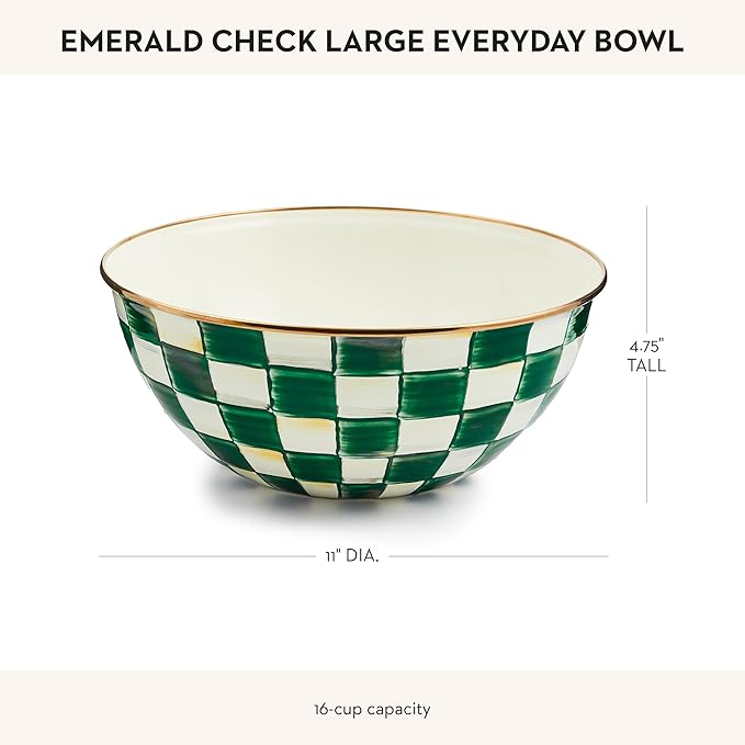 MACKENZIE-CHILDS Enamel Everyday Bowl, Serving Bowl for Entertaining, Large, Green-and-White Emerald Check
