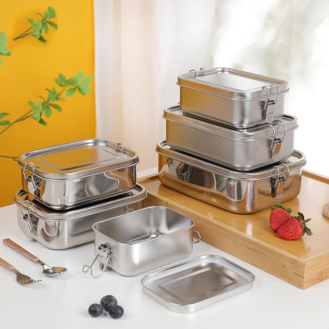 3-Pack 550ml (18.6 oz) Stainless Steel Bento Lunch Box Containers with Lids - Waterproof Metal Food Storage - Snack Prep Trays and Tiffin Carriers