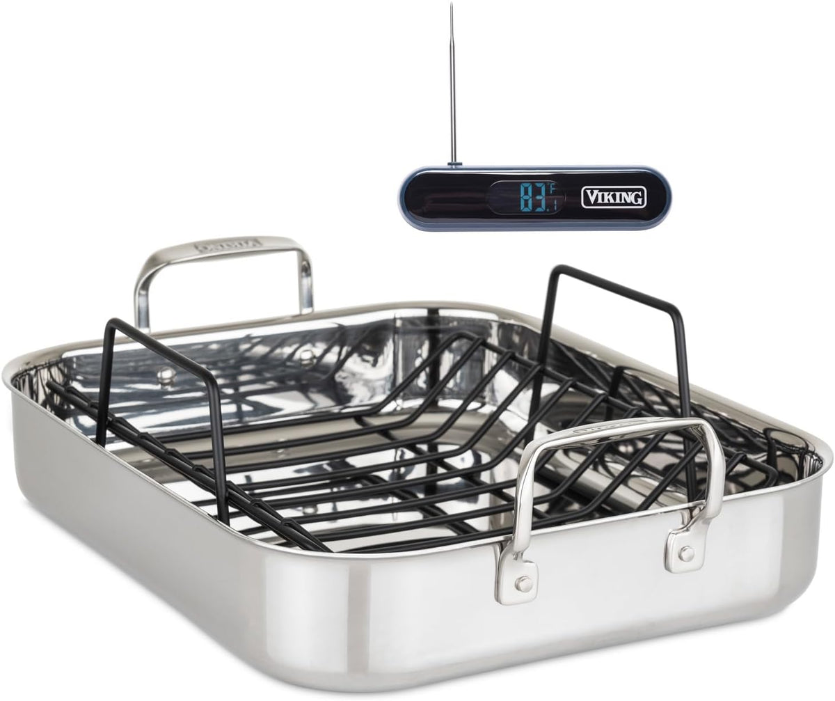 Viking 3-Ply Stainless Steel Roasting Pan with Non Stick Rack, 16 x 13 Inch Kitchen Cookware, Great for Turkey, Includes Probe Thermometer, Dishwasher and Oven Safe, Induction Ready, Silver