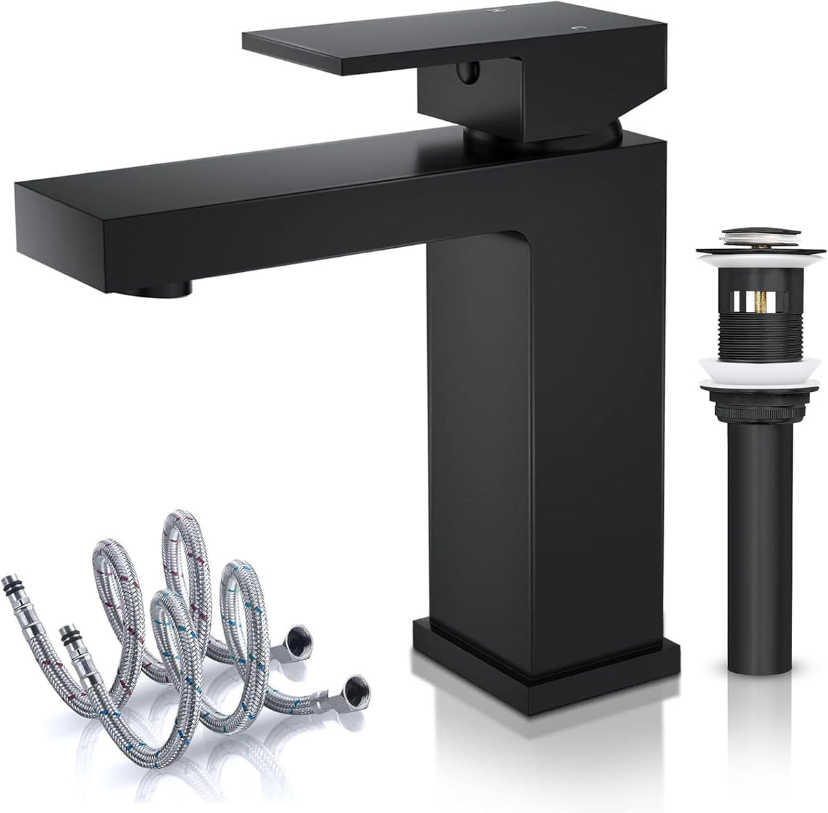 Solid Brass Black Bathroom Faucet, cUPC & CEC Certified 1 Hole Faucet for Bathroom Sink, Lead-Free Single Hole Bathroom Sink Faucet with Water Supply Hoses & Pop Up Drain Stopper