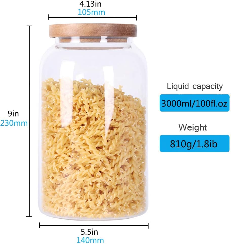 SAIOOL Modern Design Transparent Glass Food Storage jars, Food storage containers glass,100FL OZ(3000ml) Enlarged Thickened with Sealed Wooden Lid to Store Food, herbs, Tea, Easy to Use and Clean