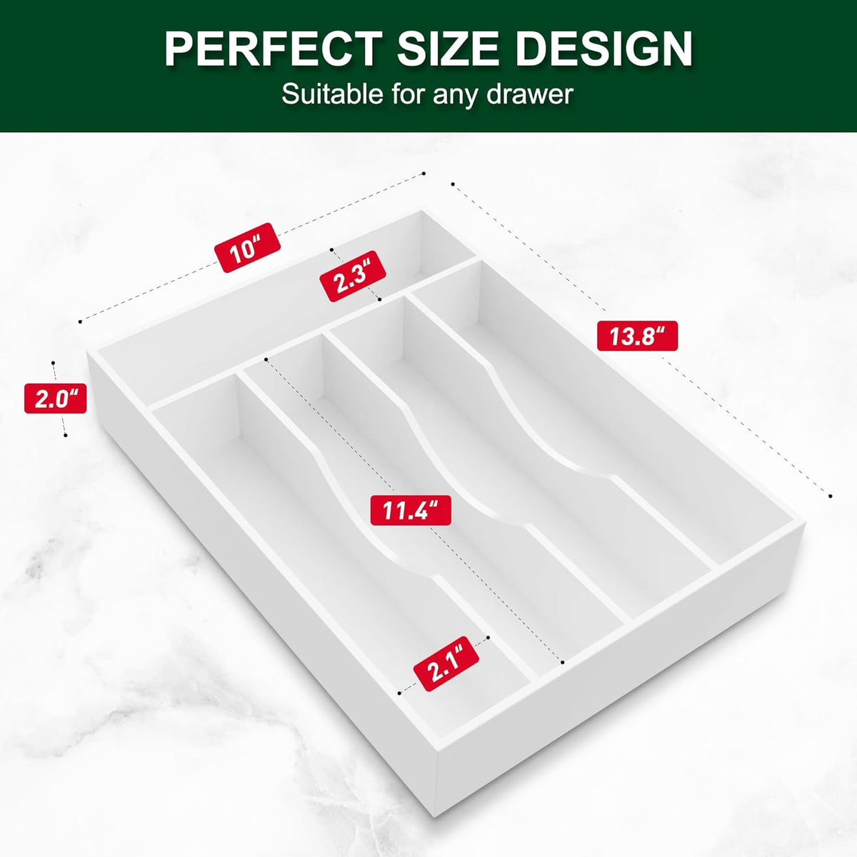 Bellsal White Utensil Organizer 10 Inch Silverware Tray for Drawer - 5 Compartment Small Narrow Bamboo