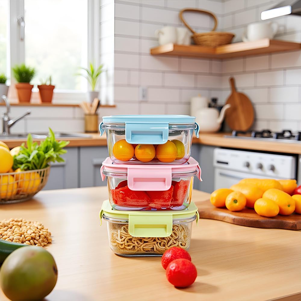 Square Glass Food storage Containers with Airtight Lids, 2 cup Food Meal Prep Containers, Square Glass Bowl For Lunch Sandwich Fruit Snack, Dishwasher Microwave Freezer Safe- (Pink+Green)