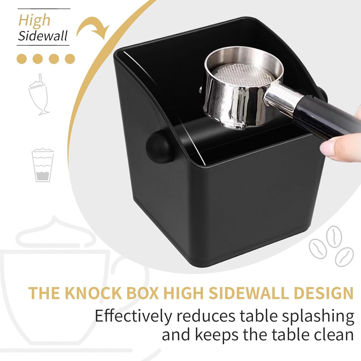 Large Square Knock Box Shock-absorbent Knock Box Espresso with Removable Knock Bar and Non-Slip Base Espresso Accessories for Home/Office (Large Black Knock Box)