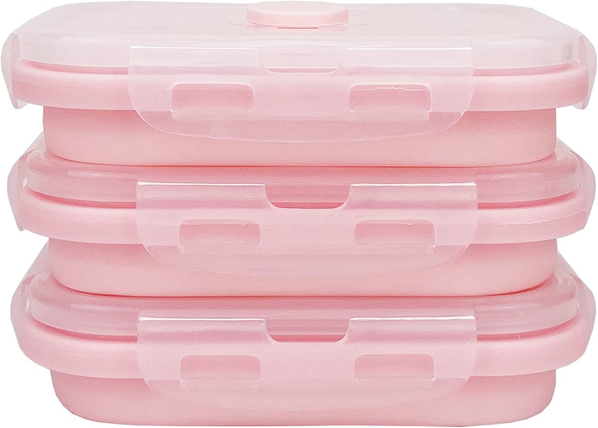 CCyanzi 3piece Collapsible Food Storage Containers with Lids, Silicone Lunch Container, Microwave & Freezer Safe, Space Saving for Kitchen Cabinet and Camping Backpack,(pink)