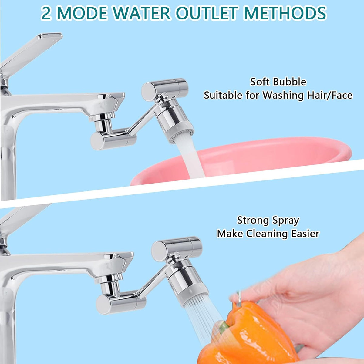 TIDYENDURE 1080°Swivel Faucet Extender, Sink Water Faucet Aerator Extension, 2-Flow Sprayer Faucet Head, Faucets Bubbler for Kitchen and Bathroom Sink Faucet, Tap Adjustment for Face Washing, Silver