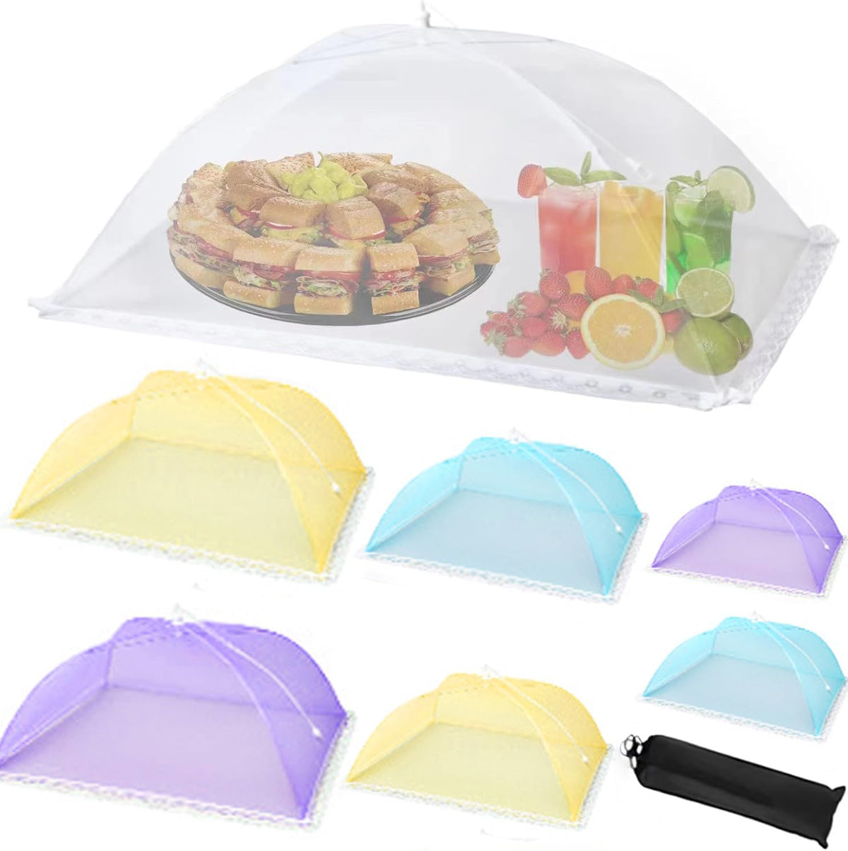 7 Pack Colorful Food Covers Food Tent for Outside Mesh to Keep Bugs away, Reusable Collapsible Food Nets(40x24*1,17x17*2,14x14*2,12x12*2) including Carry Bag,Ideal for Picnic Party BBQ Wedding Fruit