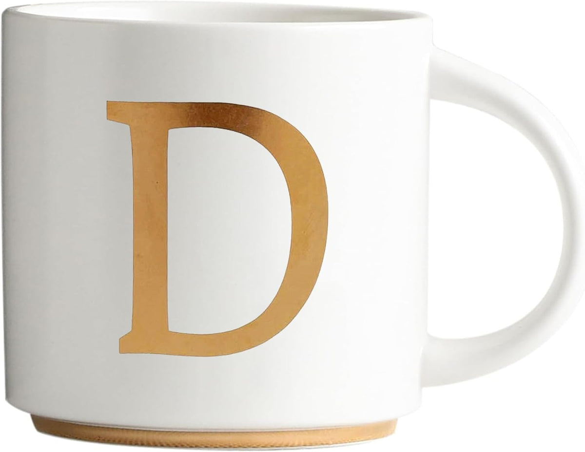 COLLECTIVE HOME - Monogram Ceramic Mugs, 15 oz Golden Initial Coffee Cups, Elegant Alphabet Tea Mugs, Elegant Personalized Mug with Gift Box, Unique Mug with Double Side Capital Letter (D)