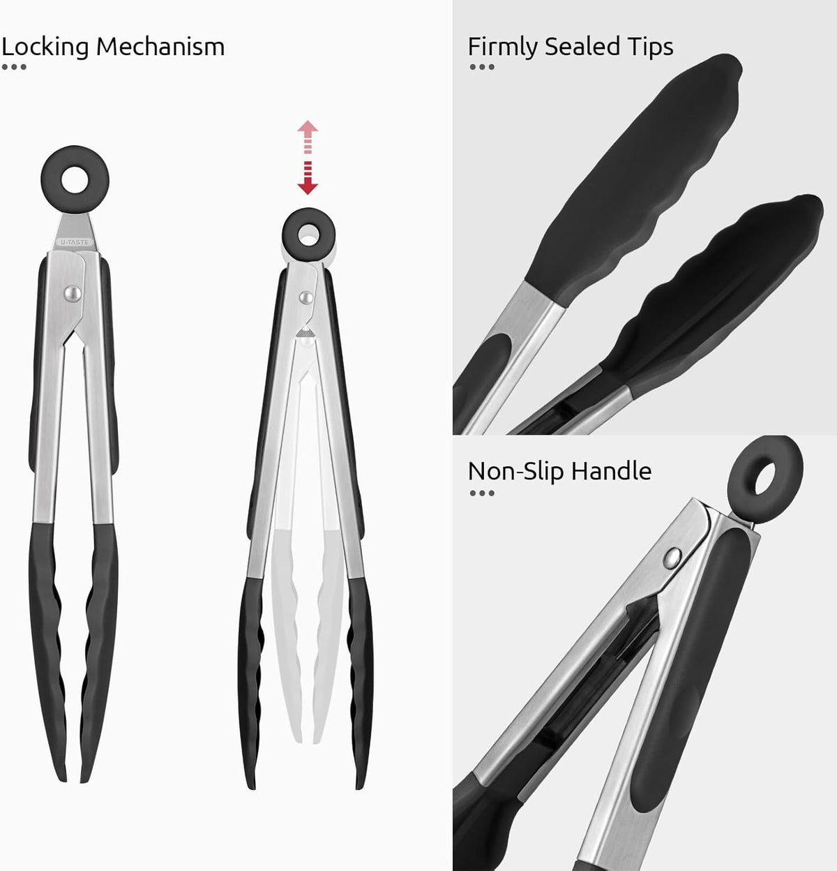 600ºF Heat Resistant Kitchen Tong: U-Taste 7 inch Silicone Cooking Tong with Firm Sealed Non Stick Rubber Tips & Silicon Coated 18/8 Stainless Steel Handle & Smooth Locking for Serving Salad (Black)
