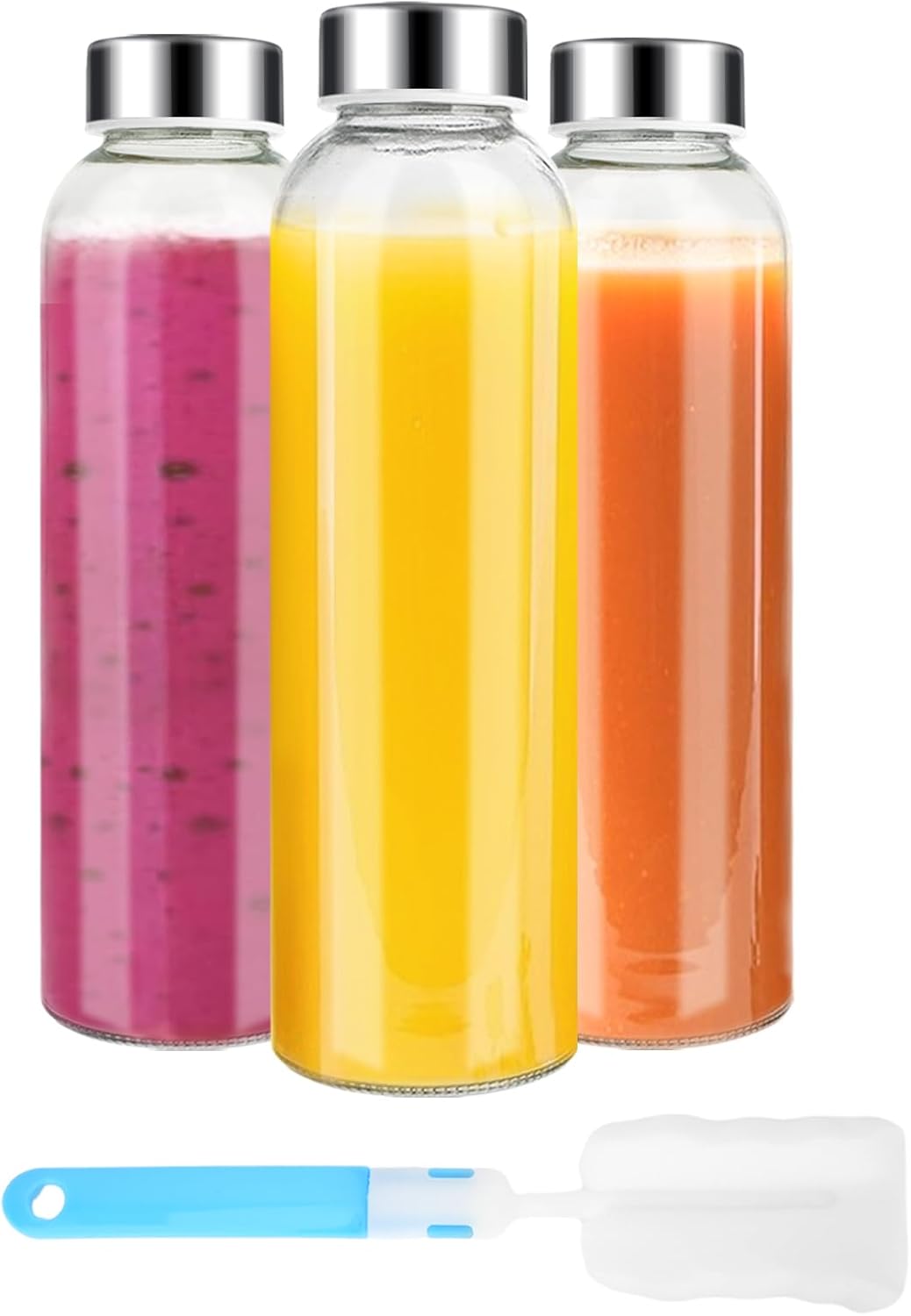 Clear Glass Bottles with Lids 18 oz, Reusable Glass Water Bottles with Stainless Steel Cap for Juicing, Refrigerator,100% Leak Proof, BPA Free, Set of 3