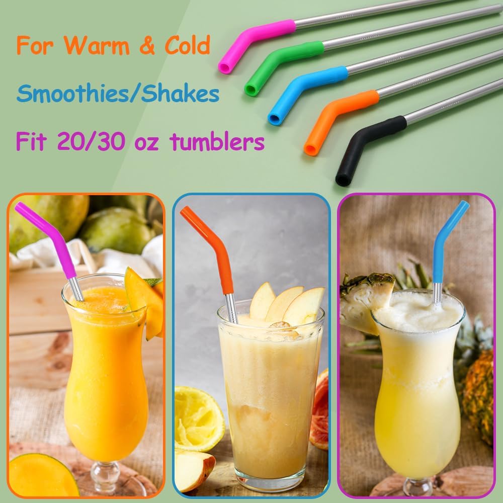 Lazycorner Reusable Stainless Steel Straws Metal Straw with Silicone Tip 5 Pcs 8mm Wide for 20/30/32oz Tumblers Smoothies and Shakes with 2 Cleaning Brushes,1 Portable Bag (Silver)