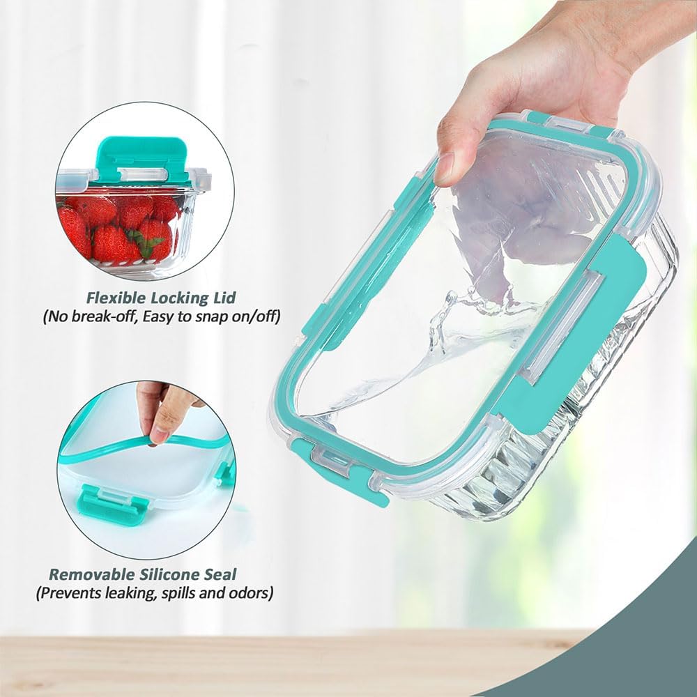 KOMUEE 10 Packs Glass Meal Prep Containers with Lids, Glass Food Storage Containers Set, Airtight Lunch Containers, Microwave, Oven, Freezer and Dishwasher Safe, Green