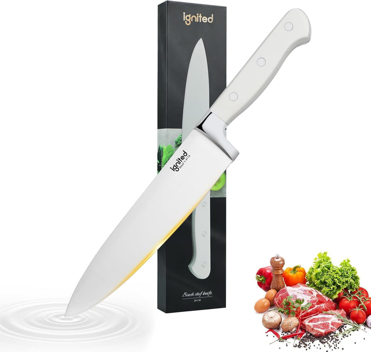 8 inch Chef Knife, High Carbon 1.4116 German Steel Kitchen Knife, Ultra Sharp Chefs Knife with Beautiful White ABS Handle, Professional Cooking Knife with Luxury Gift Box