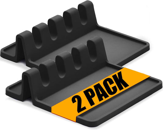 Kitchen Silicone Utensil Rest - BPA-Free Heat-Resistant Spoon Rest for Stove Top - Spoon Rest for Kitchen Counter Grill Utensil Holder-Black 2 Pcs
